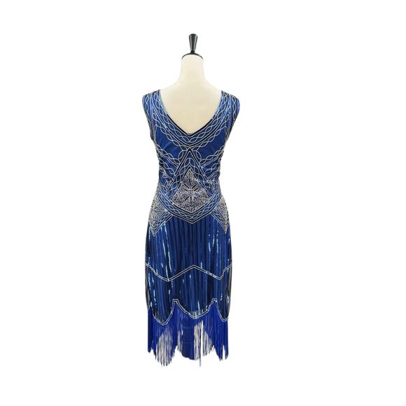 Babeyond NWT Royal Blue Sequin Beaded Fringe Flapper Style Midi Dress - Picture 3 of 12
